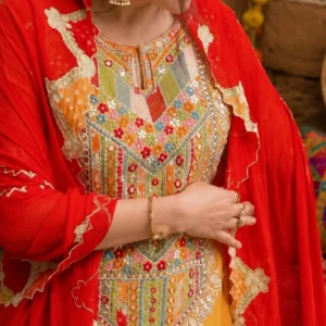 Mustard Yellow & Red Bandhani Border Suit Set