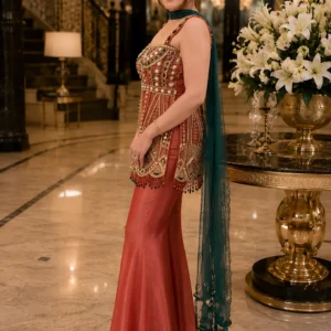 Coral Peach Embroidered Sharara Suit Set with Dupatta