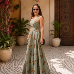 Sage Butterfly Printed Sleeveless Maxi Suit Set
