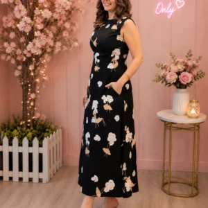 Black & White Floral Fit-and-Flare Midi Dress