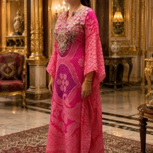 Magenta Embellished Neckline Printed Suit Set