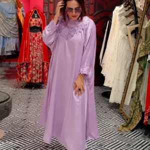 Lilac Satin Embroidered Kaftan Gown