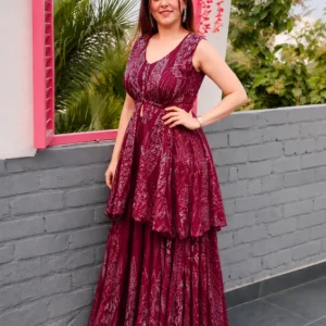 Wine Maroon Printed Layered Sharara Set