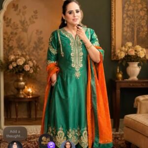 Emerald Green Embroidered Suit Set with Orange Dupatta